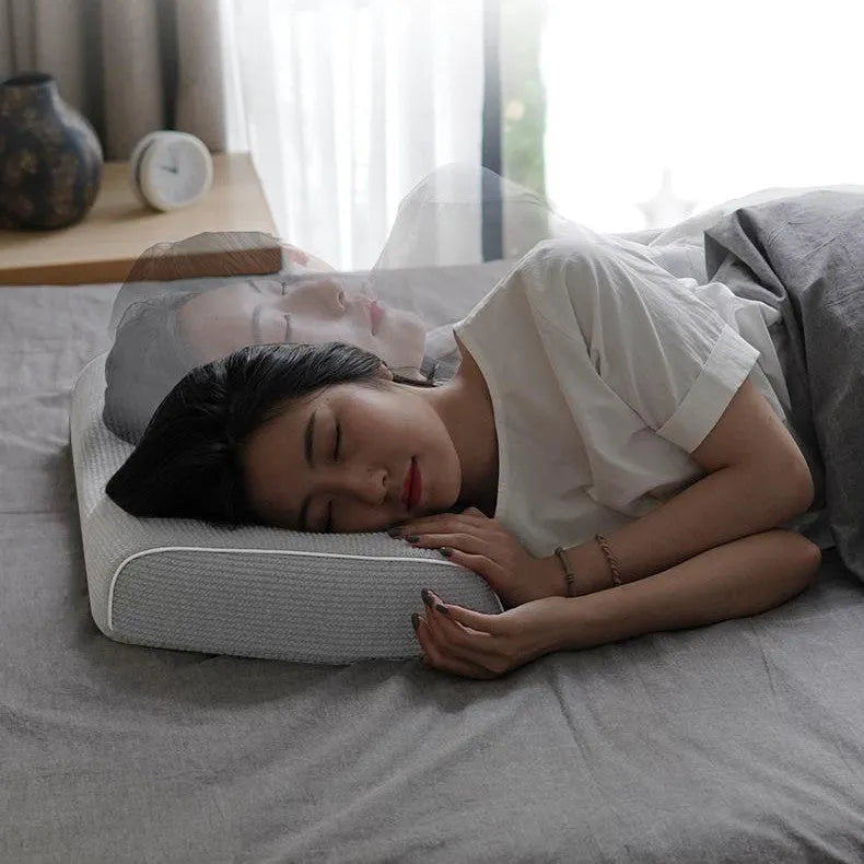 Grey memory foam neck support pillow with knitted cotton cover and adjustable loft for pain relief
