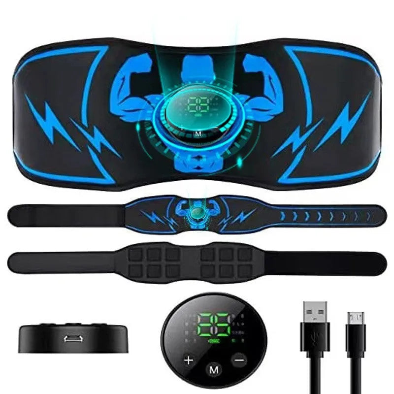 Blue EMS abdominal training belt with wireless remote control and arm stickers