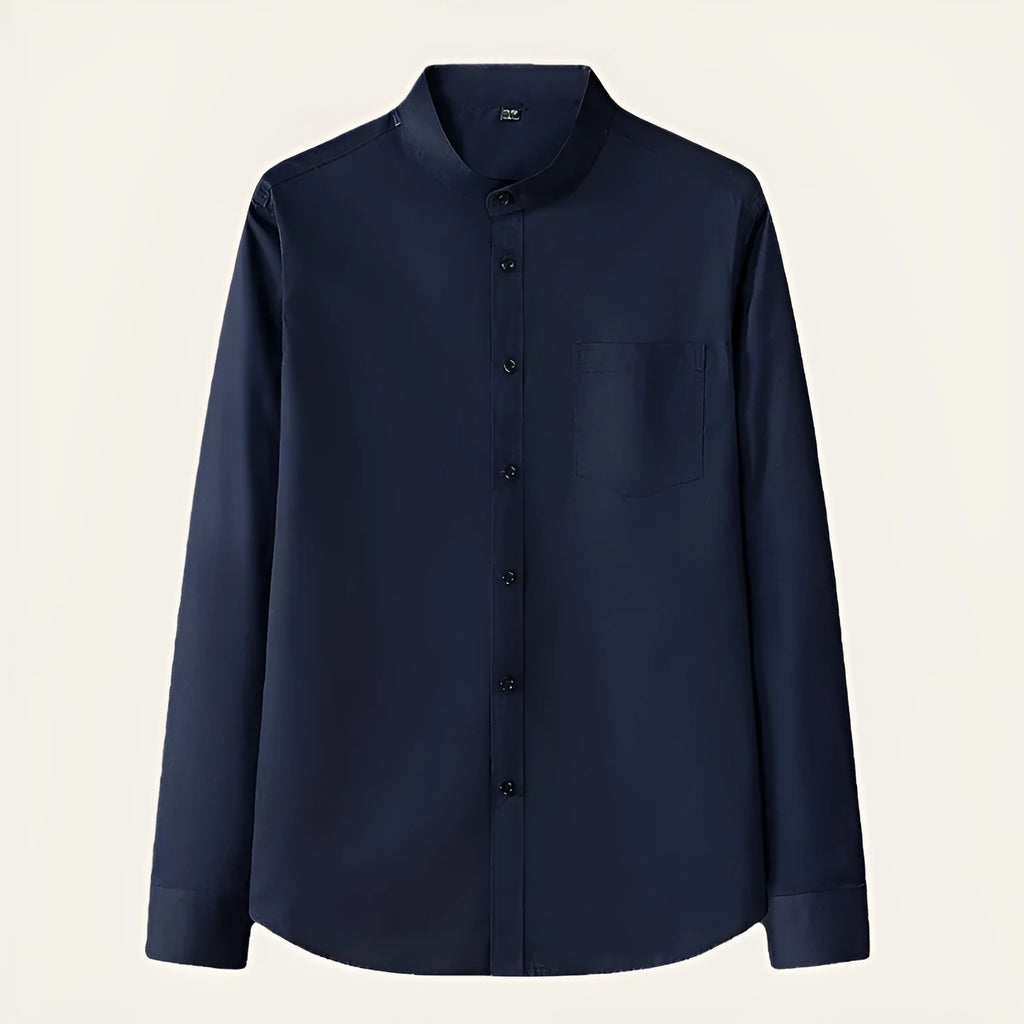Men's stand collar long sleeve slim fit pocket shirt in black, white, and gray colours, front view