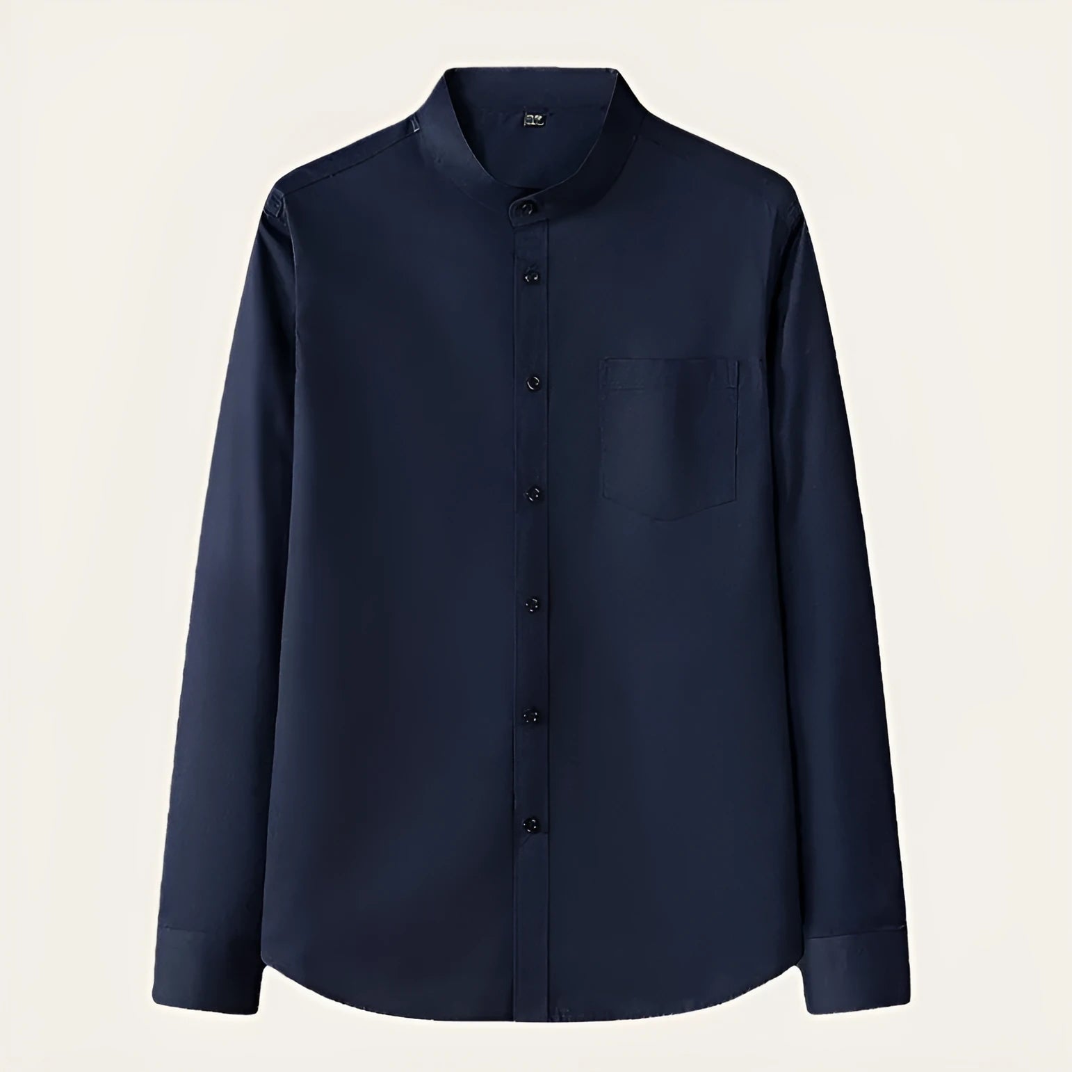 Men's stand collar long sleeve slim fit pocket shirt in black, white, and gray colours, front view