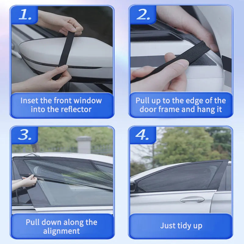 Car side window mesh sunshade showing non-woven fabric screen with elastic edge installation on vehicle window