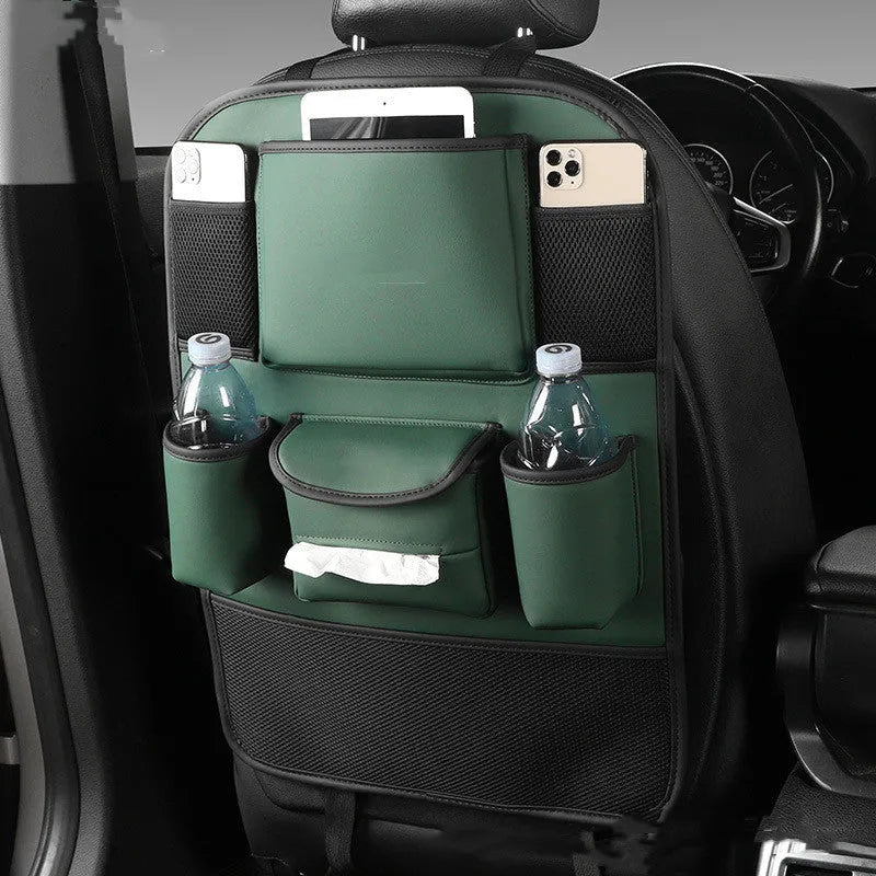 Leather car seat back storage bag in black grey green or brown hanging behind vehicle seat