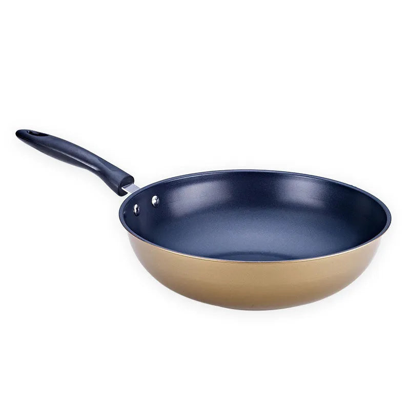 Three-piece cast iron cookware set with soup pot, milk pot and wok featuring non-stick coating