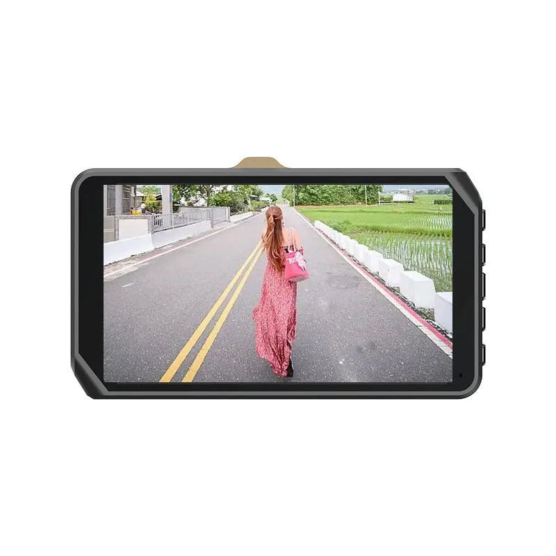 Black 4-inch dual lens dash cam showing front and rear camera configuration with touch screen display