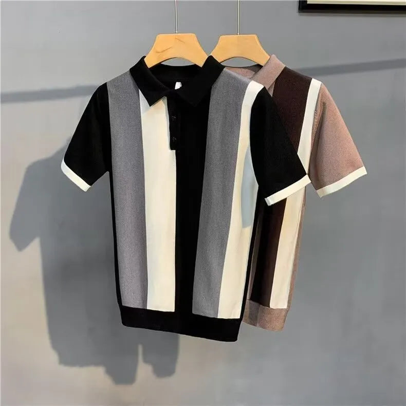 Men's short sleeve vintage stripe shirt with front zipper, khaki colour, Mercerized cotton and rabbit fur blend
