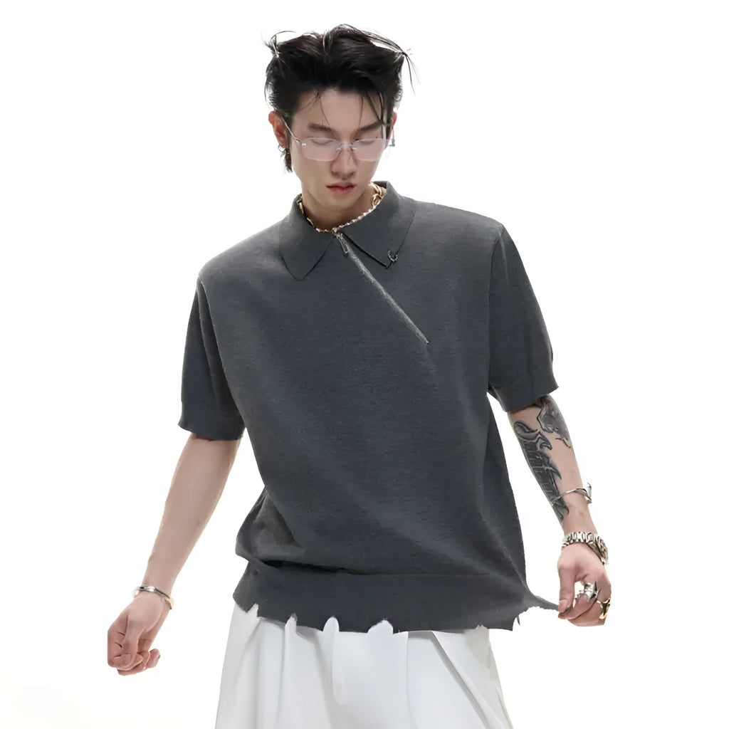 Men's black slim fit knitted polo shirt with oblique diagonal zipper and lapel collar