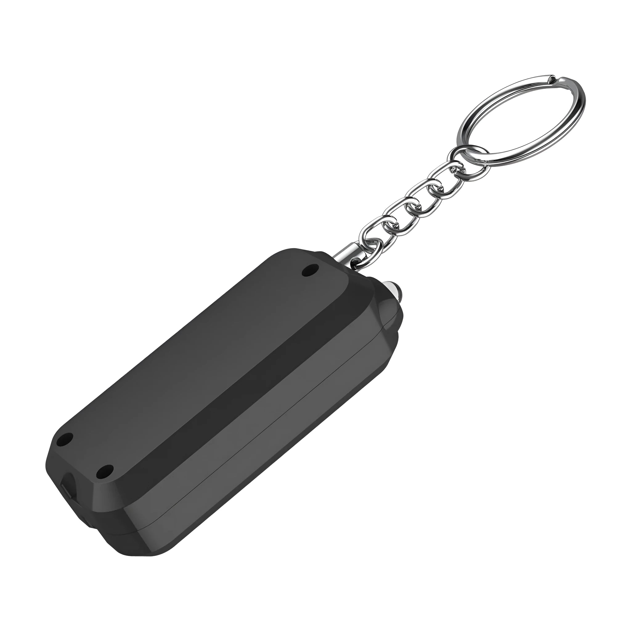 Small pink personal safety alarm on a keyring with a pull-pin activation mechanism.