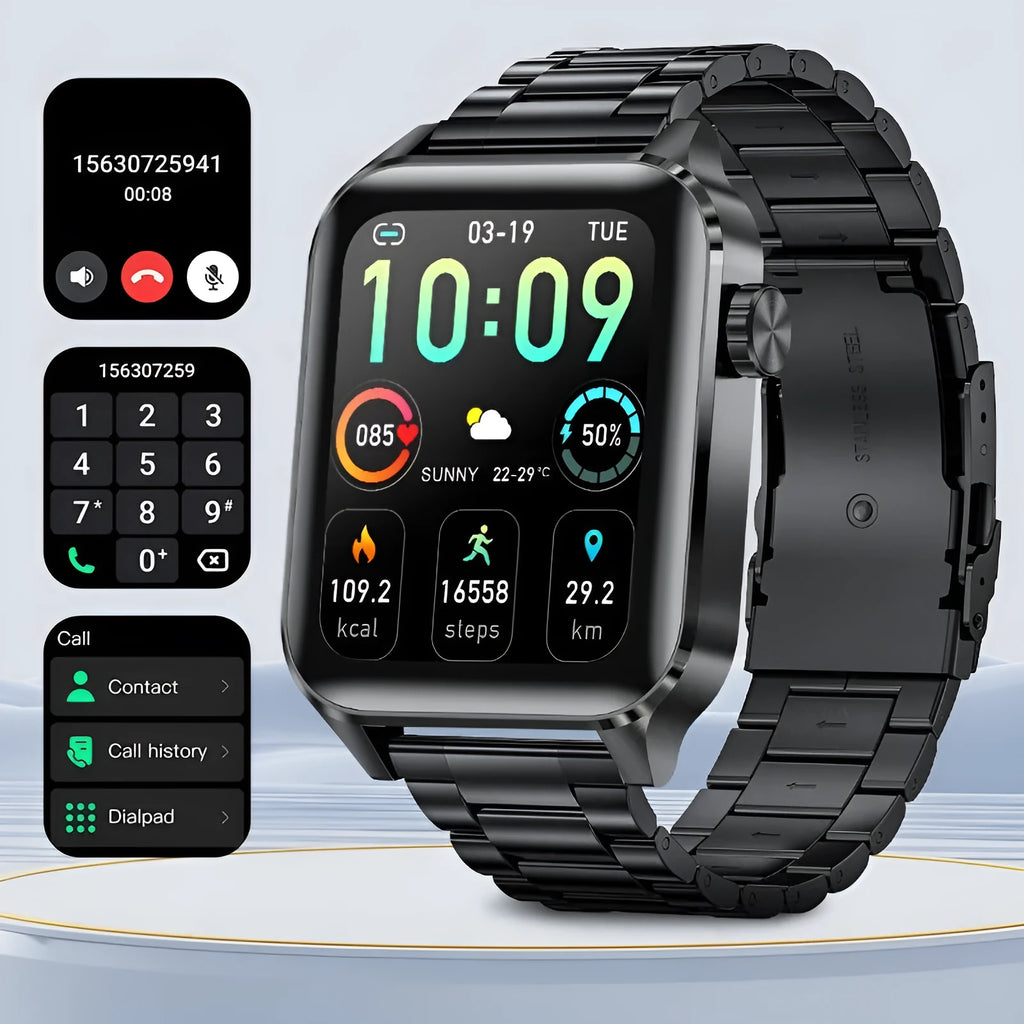 Bluetooth calling health monitoring smart watch with heart rate blood pressure sleep tracking in black tape strap