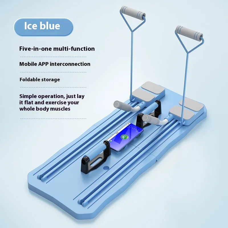 Blue multi functional fitness board with foldable design and Ab rocket on a light background