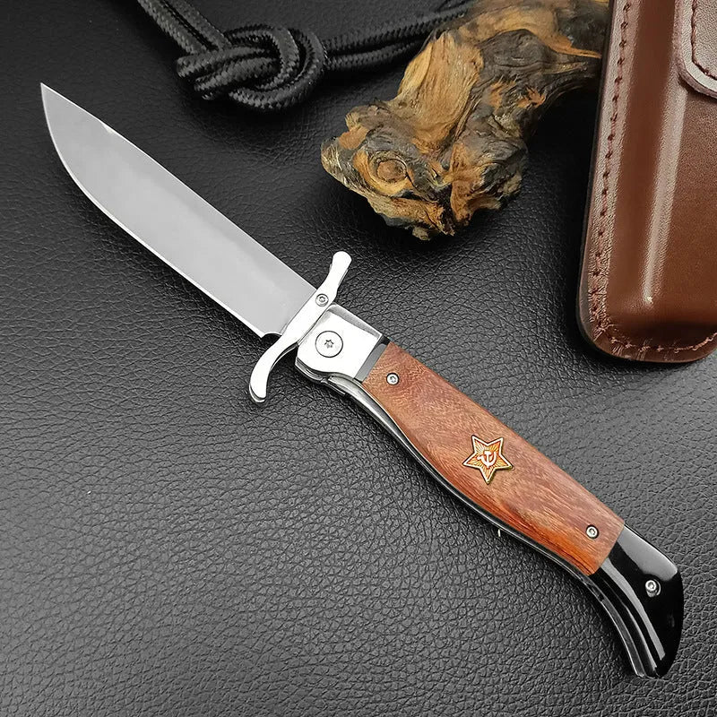 Multi-function folding knife with 440C blade and sandal wood handle on cowhide sheath