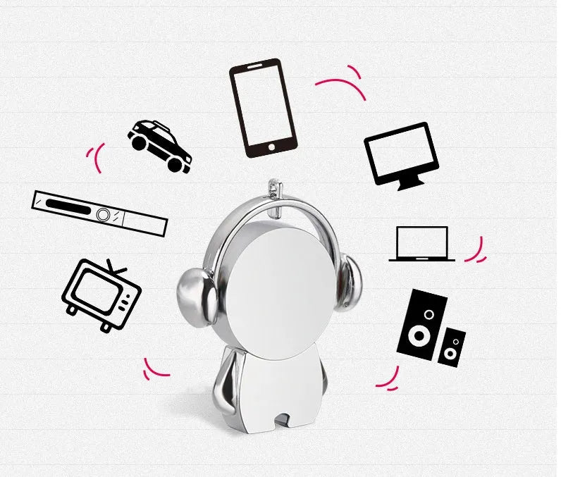 Silver metal USB flash drive with musician cartoon design showing compact dimensions