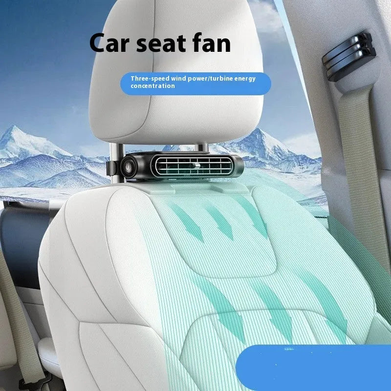 USB car fan with velcro strap mounted on a car seat headrest, showing its brushless motor and bladeless design.
