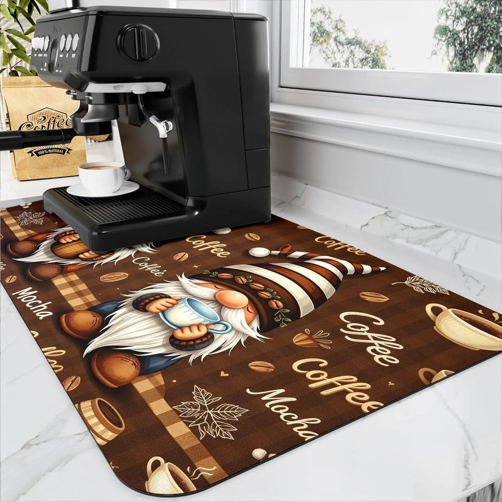 Square PVC coffee maker water draining pad in K Coffee Time colour, modern simplicity style, 30x40cm size on kitchen countertop