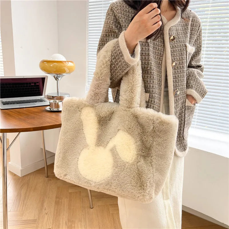Cartoon rabbit ears plush shoulder shopping bag in solid colour with large capacity