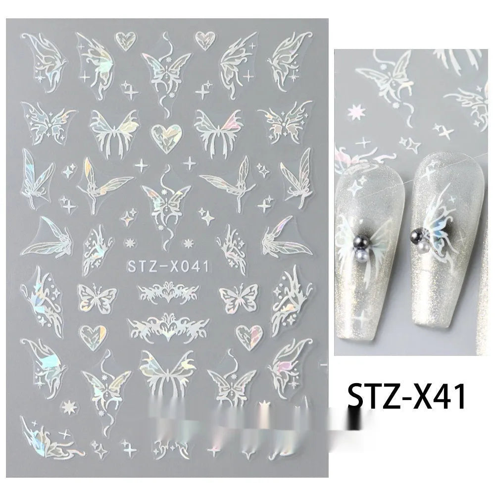 Cartoon nail art stickers sheet with black and silver love heart designs