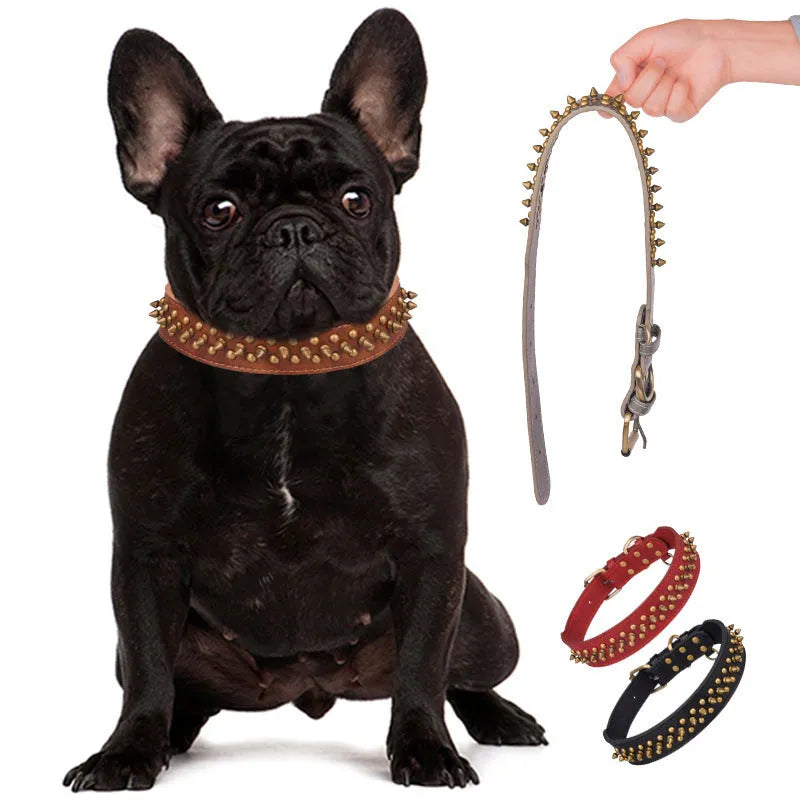 Rivets gradient leather pet collar in black with monochrome pattern and adjustable fit
