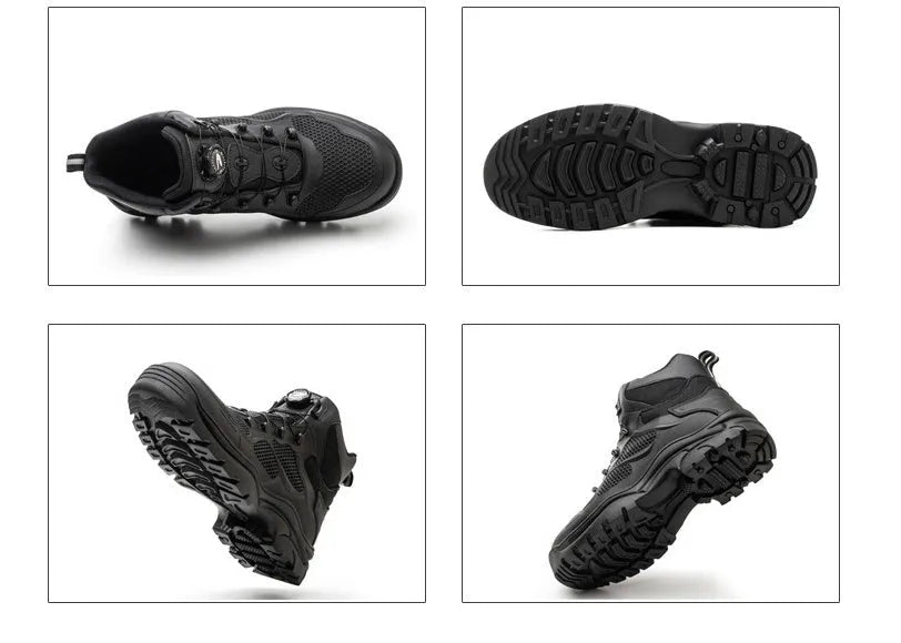 JK7926 black steel toe labour safety shoes with high-top PVC upper and anti-skid rubber sole on a grey background