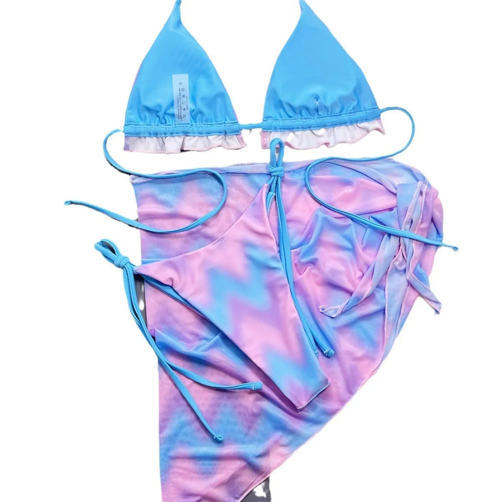 Women's split tie-dye swimsuit bikini set with skirt and bra components