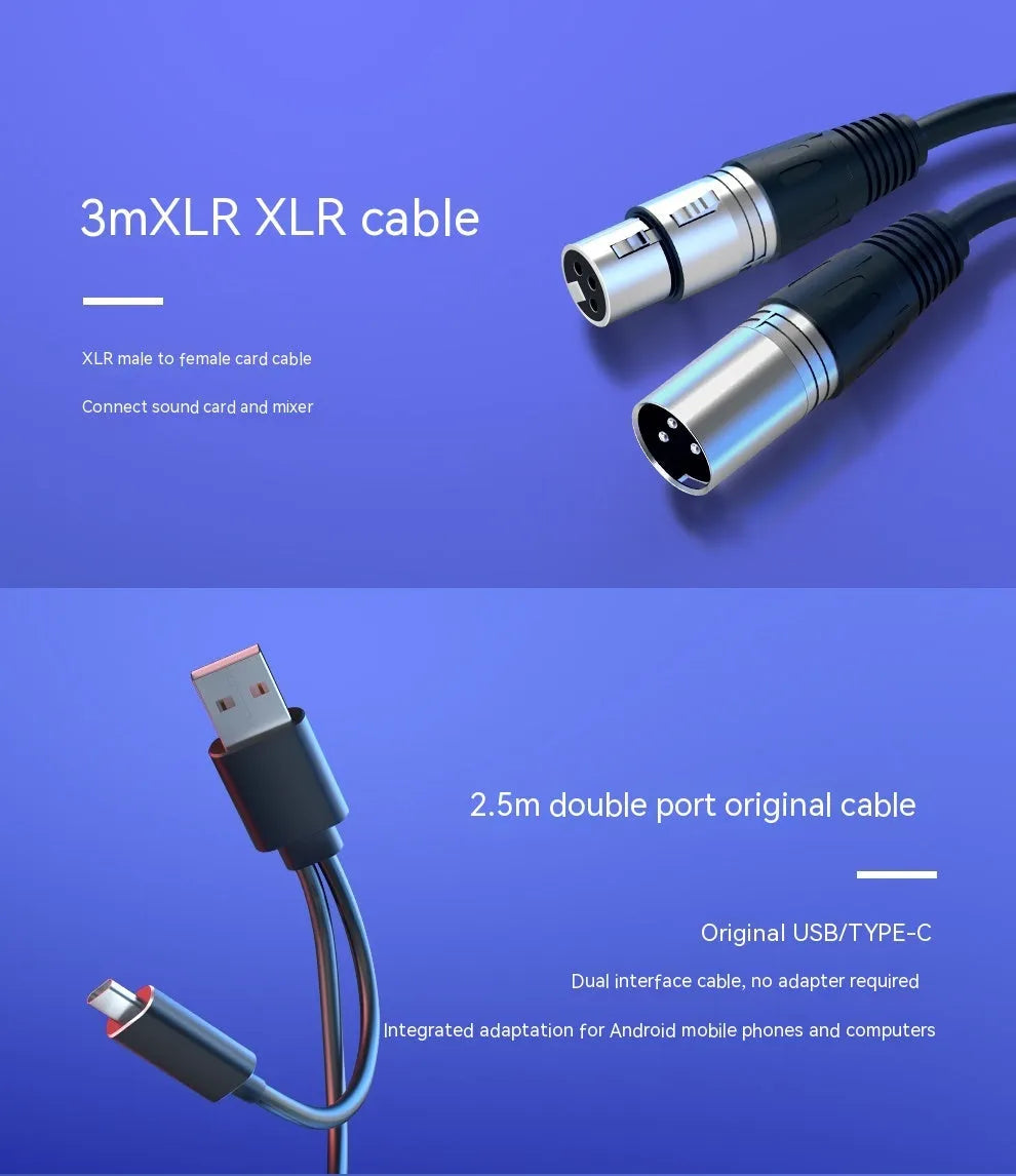 Dynamic noise reduction microphone in black with white shock mount bracket and included XLR and USB cables