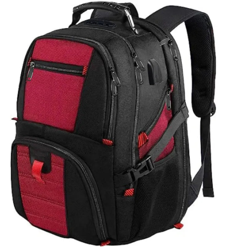 Large USB backpack in black with curved shoulder straps and waterproof Oxford cloth construction
