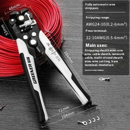 Fully automatic wire stripping pliers tool with high carbon steel blades on a white background.