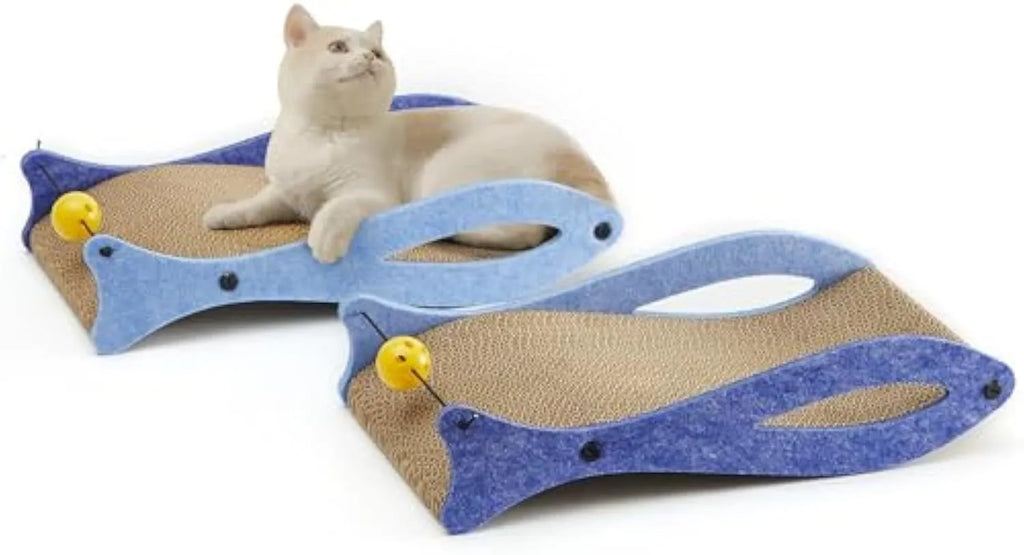 Blue fish-shaped cardboard cat scratcher with a wavy lounge surface and a red bell toy on a string.