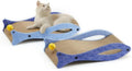 Blue fish-shaped cardboard cat scratcher with a wavy lounge surface and a red bell toy on a string.