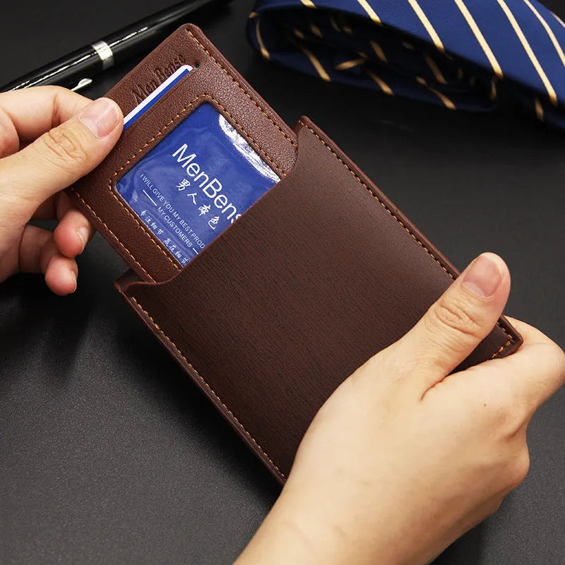 Men's black iron-edge short wallet showing card slots and coin compartment