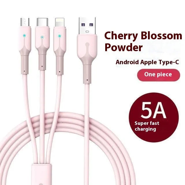 5A Super Three-in-one silicone charging cable with Lightning, Micro USB, and TYPE-C connectors in blue