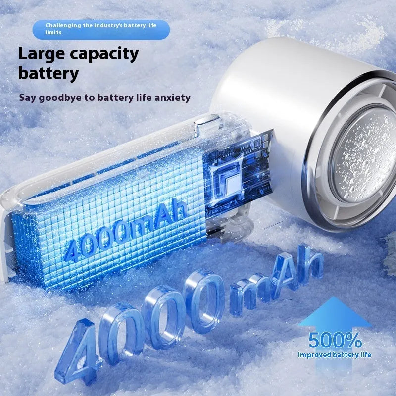 Handheld folding mini fan in blue colour, showing compact design and USB port.