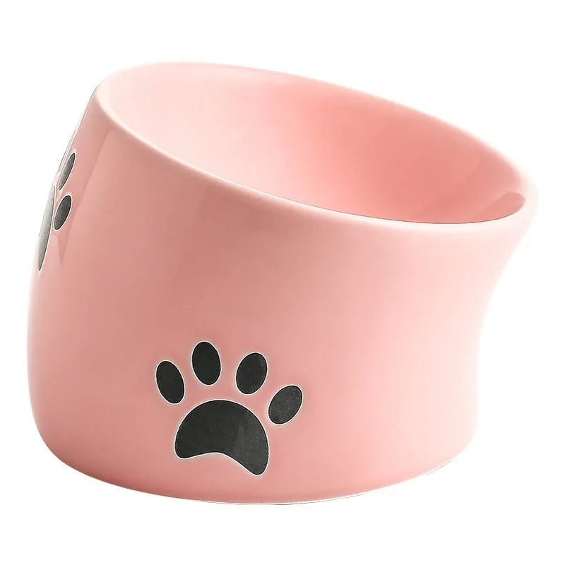 Ceramic cat bowl with high foot design and oblique mouth in cat's paw pattern