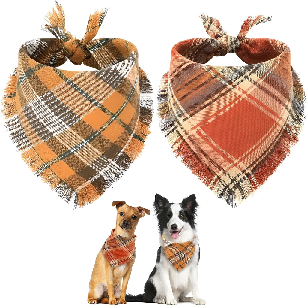 Classic plaid dog bandana with tasselled edges in autumn colours tied around dog's neck
