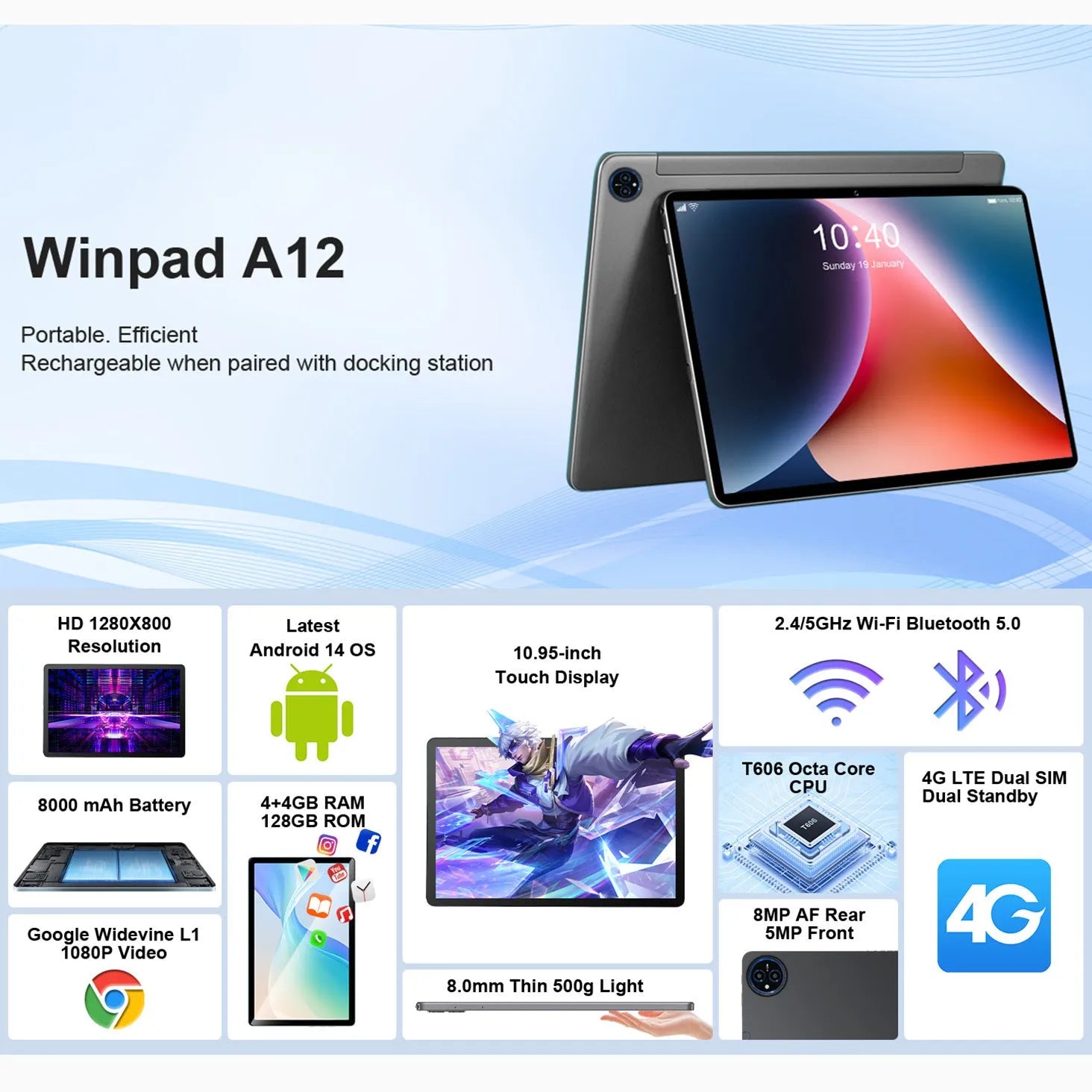 10-inch bare metal tablet PC with attached keyboard leather case in blue or grey.