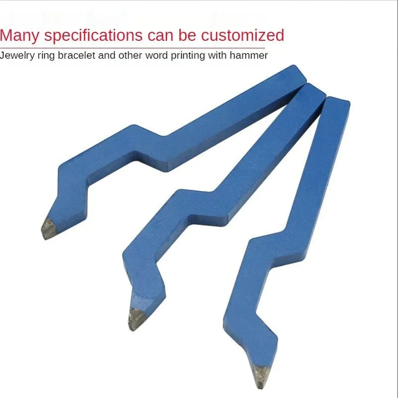 Curved character alphanumeric steel stamping tool on a metal surface