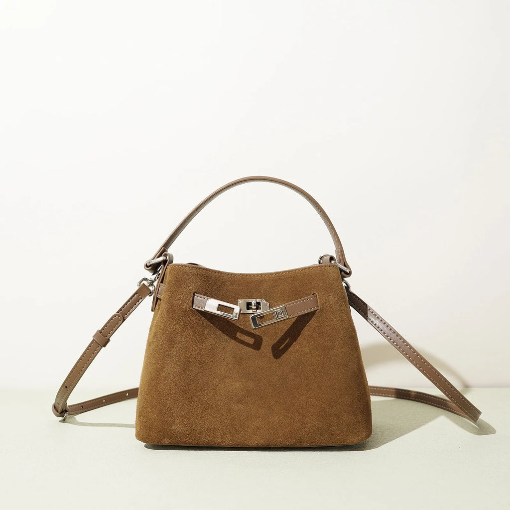 Cortical women's spliced casual crossbody bag in genuine leather suede, vertical square shape, solid colour