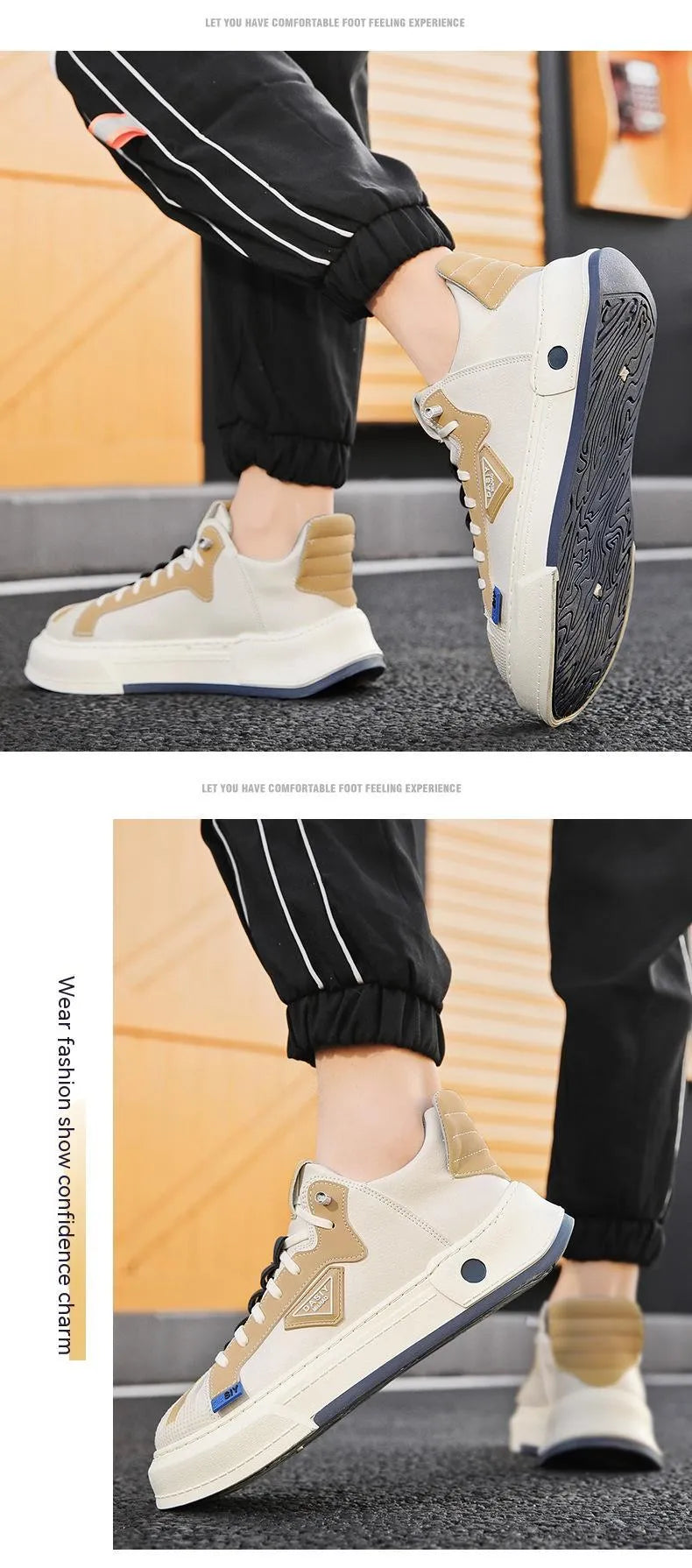 Men's beige low-top casual sneakers with elastic band and round toe on a white background.
