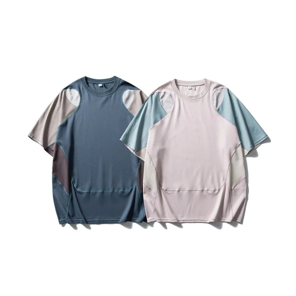 Men's loose fit cotton blend t-shirt with patchwork colour contrast in blue and beige tones