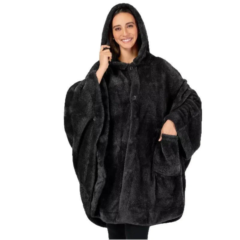 A thick, hooded, long-sleeve bathrobe in a solid colour, shown on a hanger.