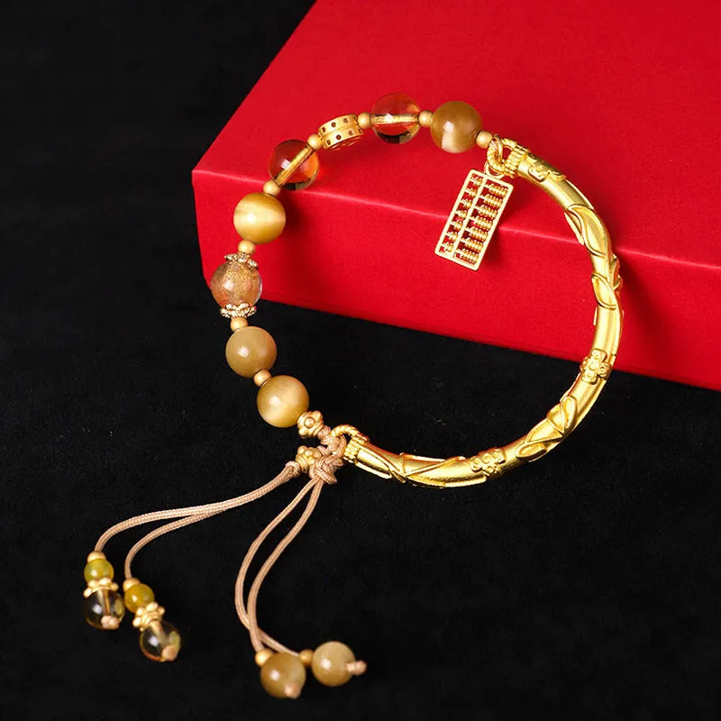 Abacus tag bracelet with tigereye citrine gemstone beads and diamond copper charms