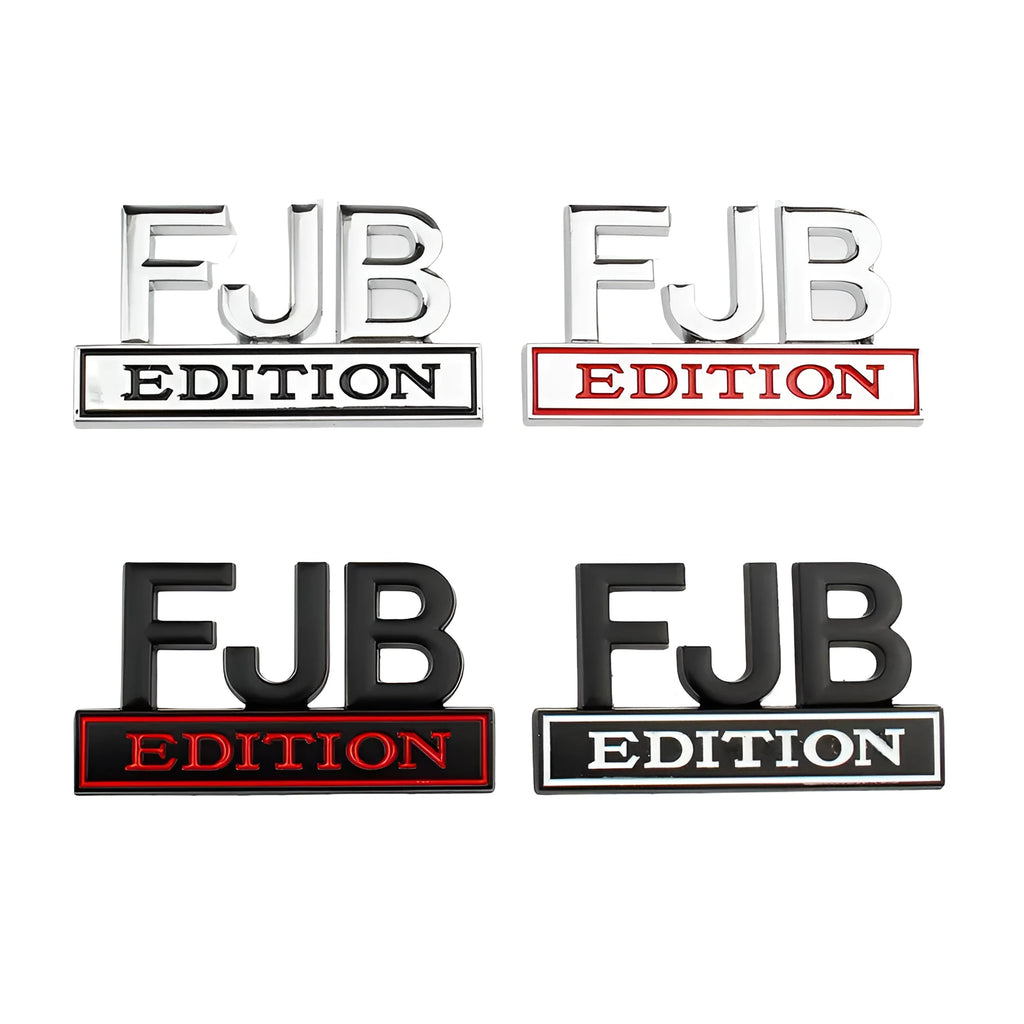 FJB EDITION zinc alloy car badge in black-red colourway for GM vehicles measuring 8x5cm
