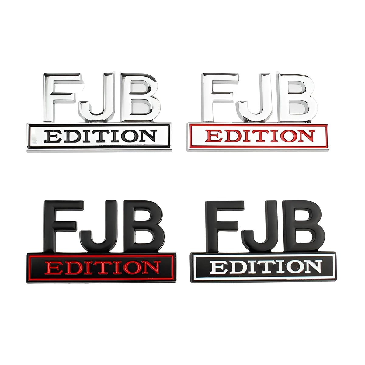 FJB EDITION zinc alloy car badge in black-red colourway for GM vehicles measuring 8x5cm