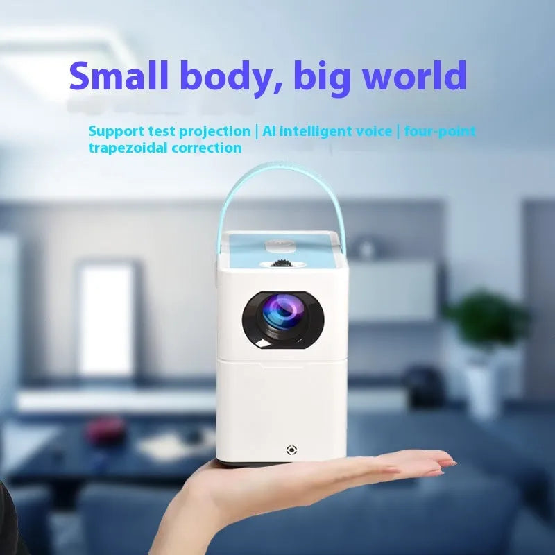 Smart HD home projector with remote control showing 1280x800 resolution and Android functionality