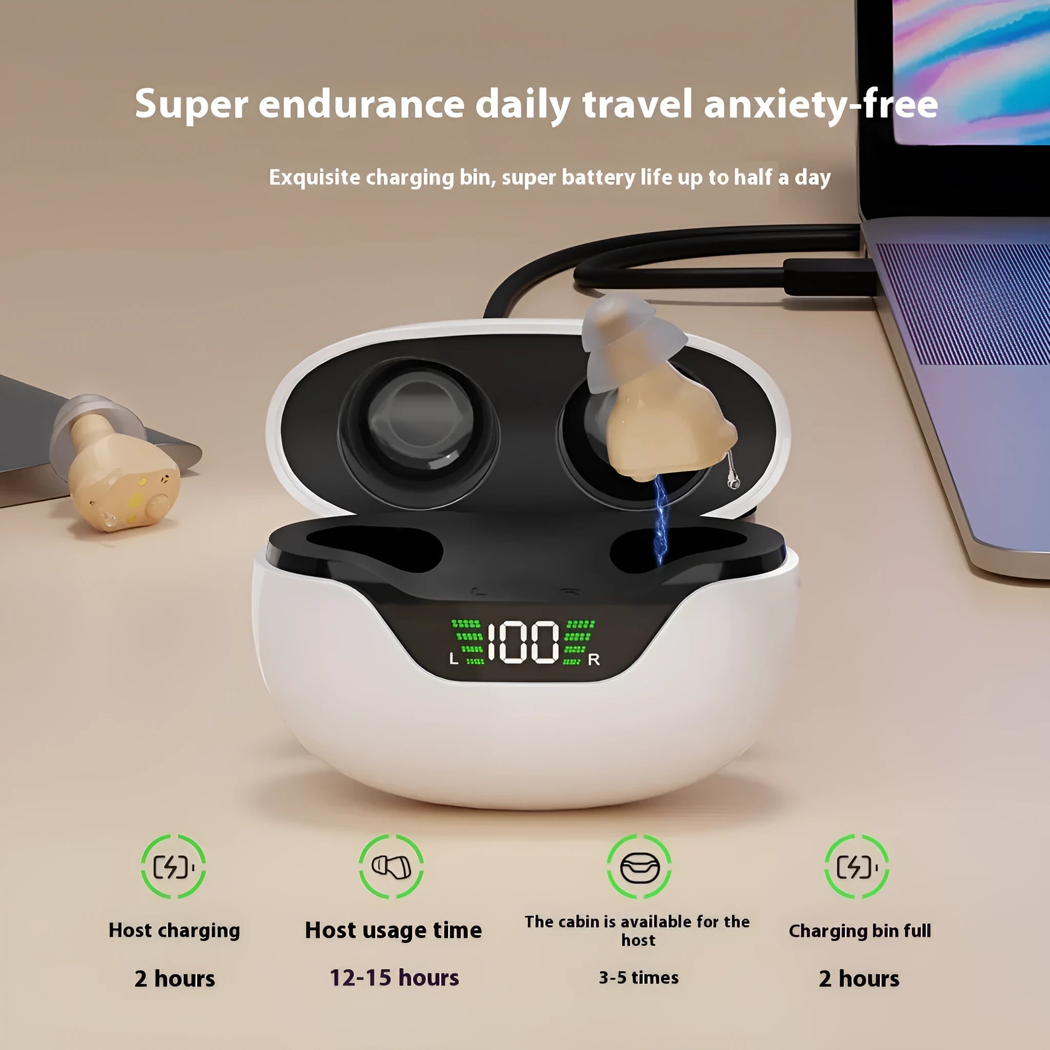 CIC digital hearing aid with charging compartment and digital display in skin colour matching
