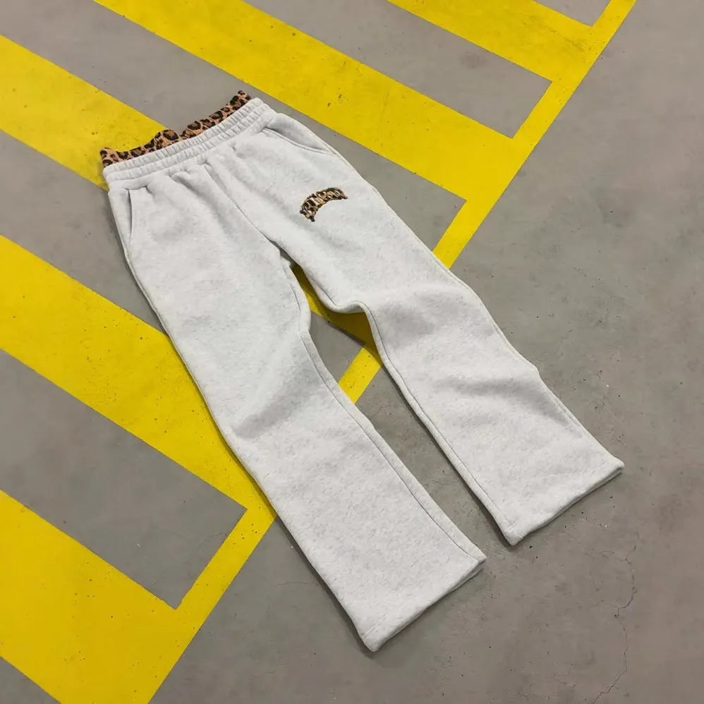 Men's patchwork loose trousers with double waist design in elastic polyester fabric