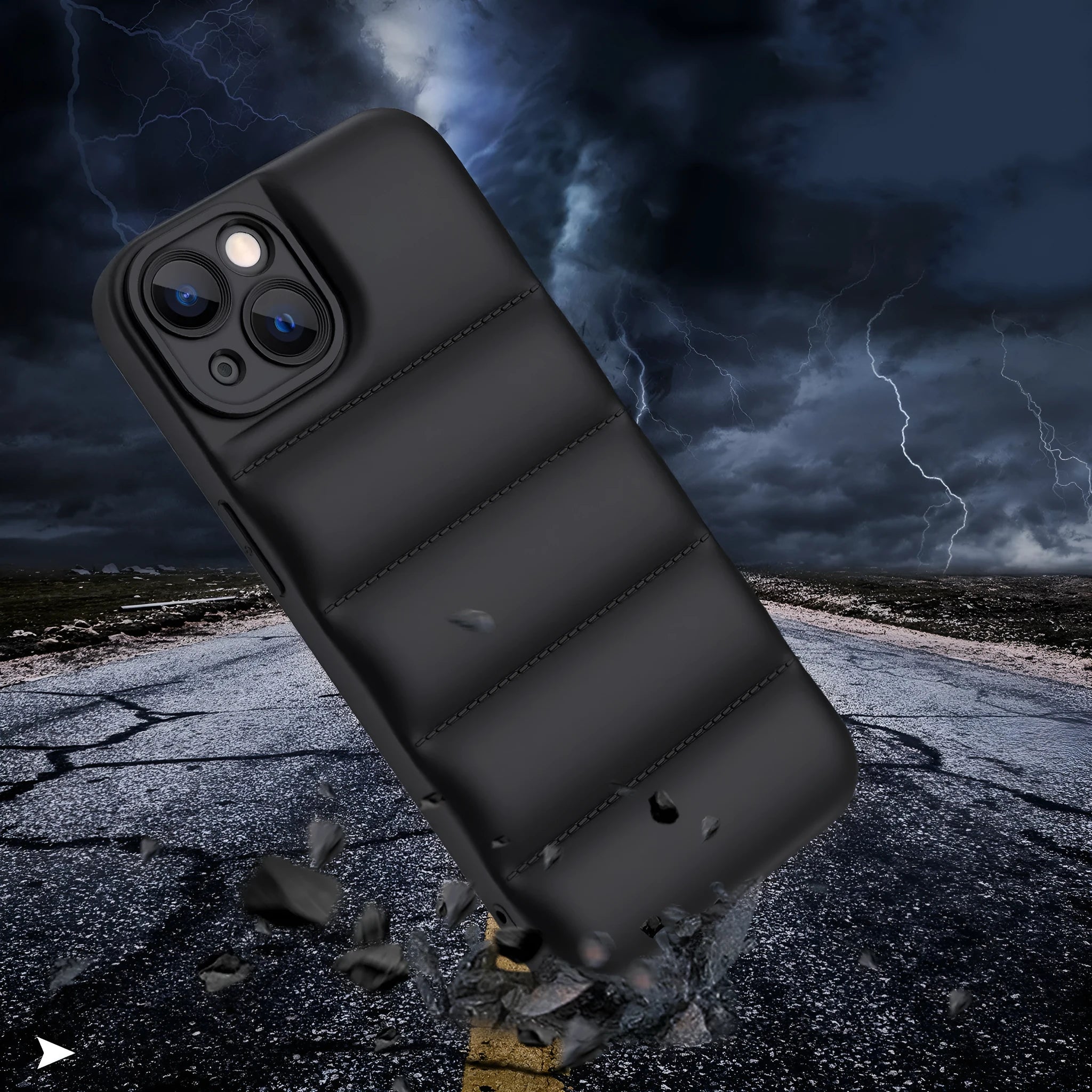 Down jacket style flexible TPU phone case for iPhone, shown in solid blue colour.