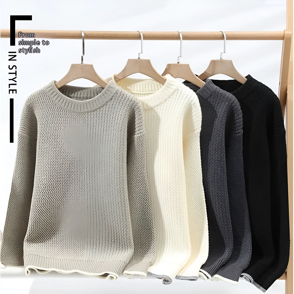 Men's grey loose fit round neck pullover sweater with long sleeves