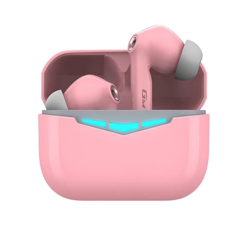 True wireless in-ear gaming headphones with charging case, shown in black, pink, white, and grey colours.