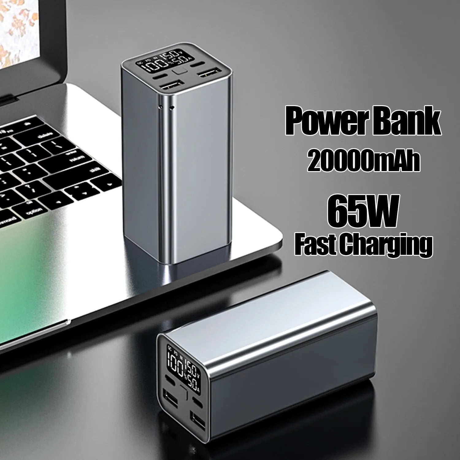 A black metal 65W laptop power bank with 20000mAh capacity, showing size compared to a hand.