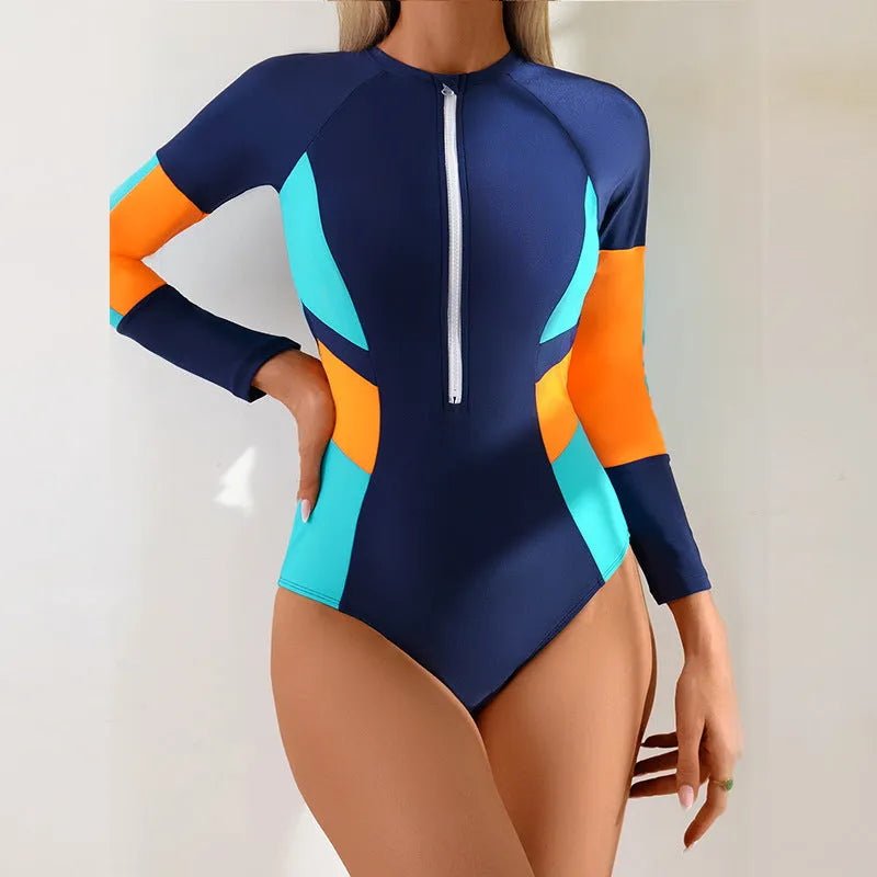 Dark blue and purplish blue long sleeve high-elasticity one-piece swimsuit with cross-border stitching colour block design