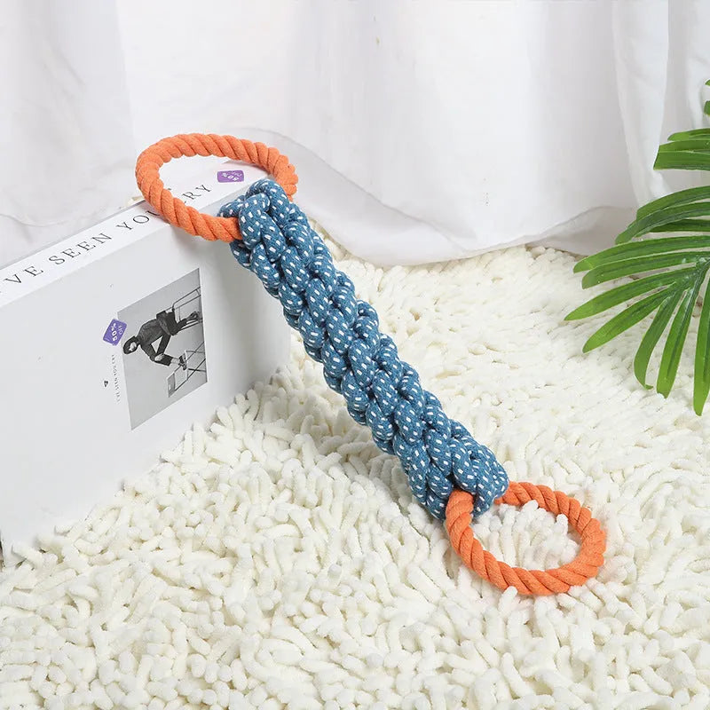 Blue double-ring cotton knot dog chew toy measuring 37cm with braided rope construction